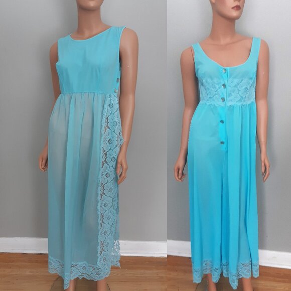 VTG Turquoise Blue 2 pcs Nightgown Set Louis Jean Mint Condition Unique Size S-M - Picture 1 of 10